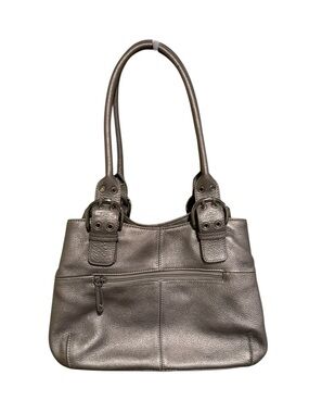 Tignanello 100% Leather Pewter Metallic Double-Handle Bag - Immaculate Interior